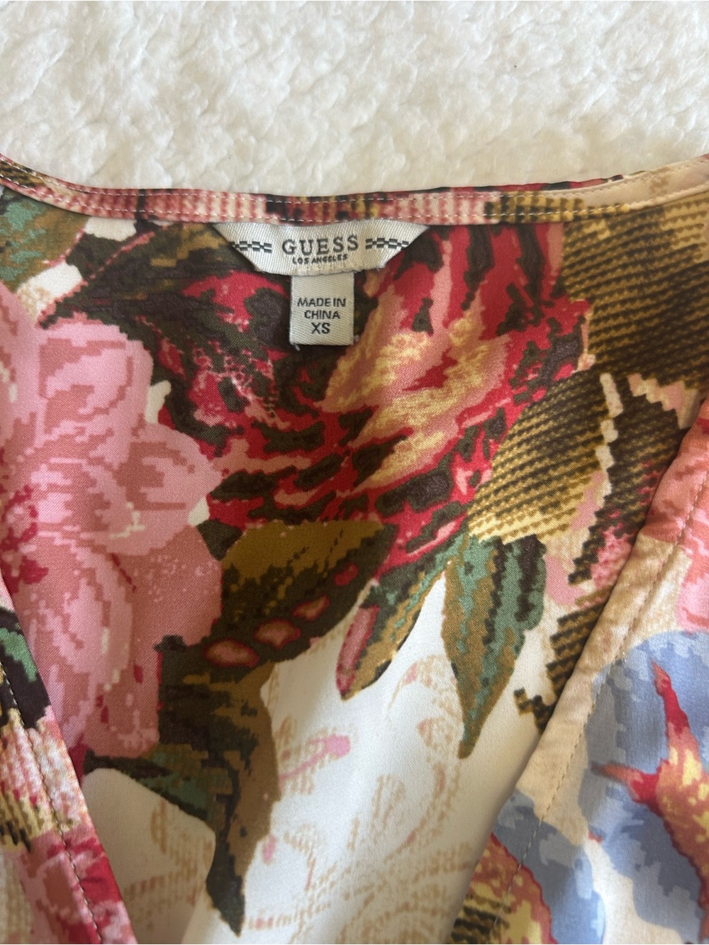 Guess Floral V-Neck Peplum Blouse - Pink, Green, Blue - Picture 4 of 7
